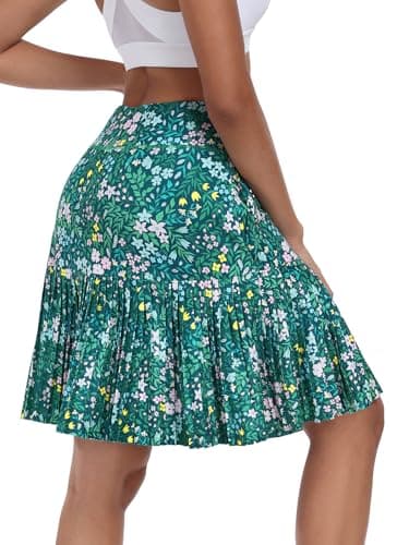 KORALHY 21" Golf Skorts with Pockets Pleated Tennis Skirts with Shorts Knee Length Skort for Athletic, Workout, Casual Wear Green Floral M - Thumbnail 4