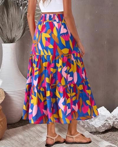 BTFBM Skirts for Women Summer 2026 Floral Print A Line Elastic High Waist Boho Maxi Skirt Spring Fashion Clothing Pocket(Leaf Blue, X-Large) - Thumbnail 5
