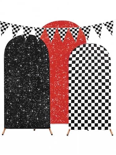 3PCS Arch Backdrop Cover Set (4,5,6FT) for Monster Truck Car Birthday Party Decorations, Boys Race Car Theme Background with Checkered Arch Covers - Image 1