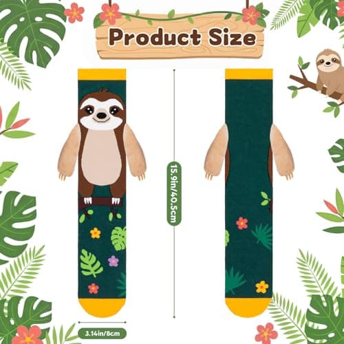 FunisFun Crazy Socks for Kids Girls Knee High Sloth Animal Socks Ideal Sloth Gifts for Girls Teens Women Birthday (US, Alpha, One Size, Regular, Green&Yellow) - Thumbnail 2