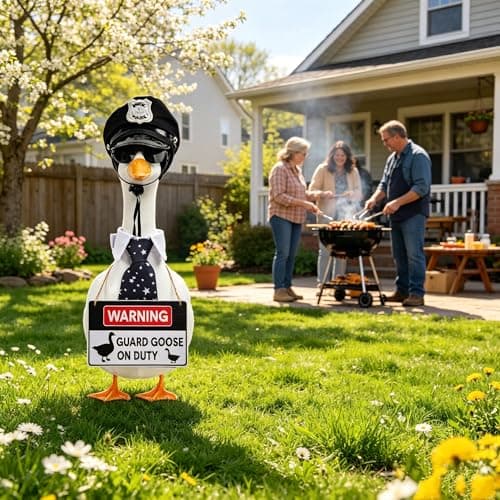 yuboo 4Pcs Police Officer Porch Goose Outfit, Funny Guard Goose Clothes for 23 Inch Large Geese, Includes Hat Sunglasses Tie & Warning Sign, Spring Summer Yard Decor - Thumbnail 6