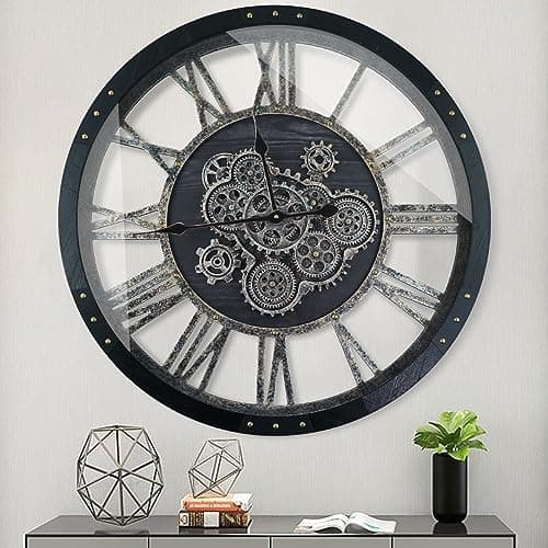 TOPPTIK 24 Inch Moving Gear Wall Clock, Oversized Wall Clocks, Clock Living Room Decor, Solid Wood Frame, Battery Operated, Large Wall Clock with Steampunk Industrial for Fireplace(Black) - Image 1
