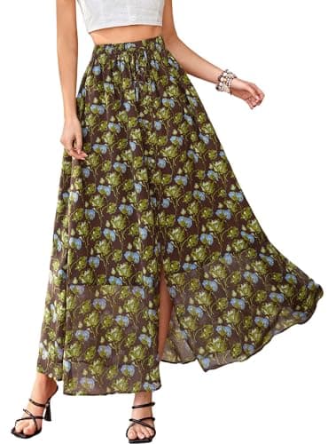PRETTYGARDEN 2026 Summer Maxi Long Skirts for Women Trendy Boho Floral High Waisted Slit Flowy Travel Beach Vacation Clothes (Floral Brown Light Green,Small) - Image 1