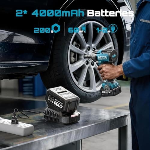 Seesii Upgraded Cordless Impact Wrench 885Ft-lbs (1200N·m): 1/2" Impact Gun with Detachable Side Handle, 21V High Torque Power Impact Driver 2x 4.0Ah Batteries for Family Car/Pickup Truck/Mower - Thumbnail 5