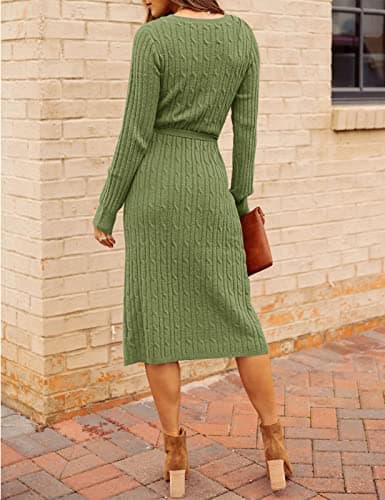 MEROKEETY Women's Winter Spring Long Sleeve Sweater Dress 2026 Fall V Neck Cable Knit Slit Bodycon Midi Dresses, Green, M - Thumbnail 4