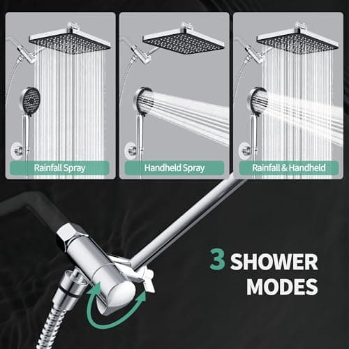 12 Inch Wide Rain Shower Head with Filtered Handheld Combo, High Pressure Rainfall Shower Head, 9 Spray Modes Handheld with 9-Inch Extension Arm, Comes with Filter Removes Chlorine (Chrome) - Thumbnail 4