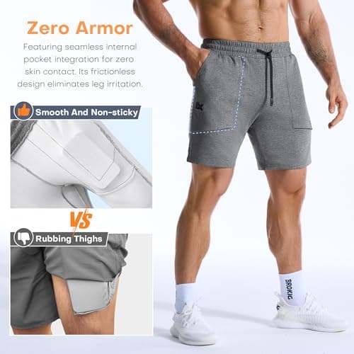 BROKIG Zero Armor Mens Gym Shorts 7" Inseam Slim Fit Anti-Chafing Cotton Workout Shorts with Zipper Pocket(XX-Large,Dark Grey) - Thumbnail 2