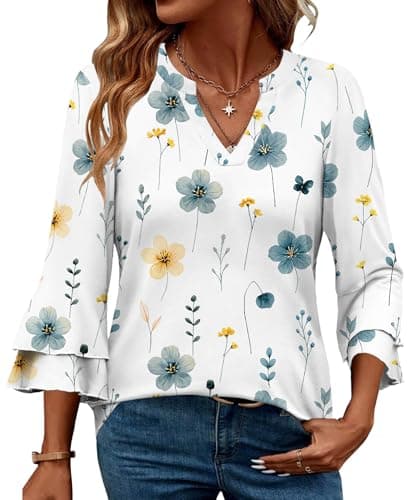 IEEILULU 3/4 Length Sleeve Womens Tops V Neck Tunics Ruffle Sleeve Tops Blouses for Women Dressy Casual (US, Alpha, Small, Regular, Regular, White Floral) - Image 1