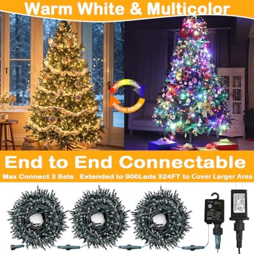 Decute 300LED Christmas Tree Lights Outdoor Indoor String Lights 108FT Extendable, 11 Modes 4 Colors Changing Waterproof Twinkle Fairy Lights Party Decor with Timer Remote(Warm White & 3 Multicolors) - Thumbnail 4