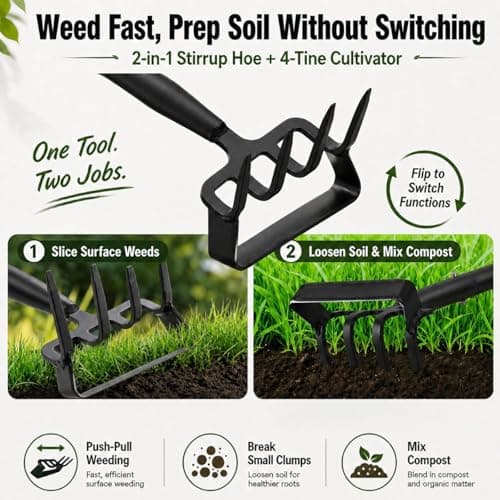 Garden Hoe, 2-in-1 Stirrup Action Hoe with 4-Tine Cultivator Rake, 74 Inch Long Handle Scuffle Weeder Hoe Weeding Tool for Fast Weeding, Soil Loosening, Aerating and Compost Mixing - Thumbnail 2