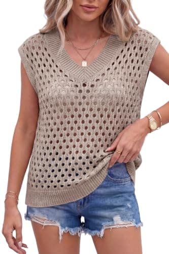 Arach&Cloz Women's Cashmere Wool Blend Knit V-Neck Loose Sleeveless Pullover Crochet Cap Hollow Out Dressy Casual Travel Vacation Beach Cover Up Sweater Vests Top Fall Summer Brown L