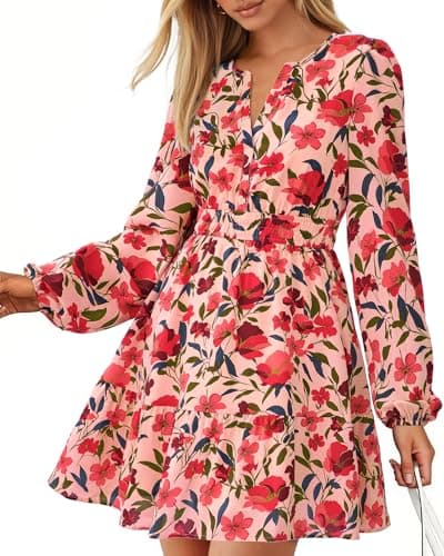 BTFBM Spring Dresses for Women 2026 Mini Long Sleeve Elastic Waist Summer Vacation Outfits Floral Wedding Guest Dress(Orange Pink Red Flower, Large) - Image 1