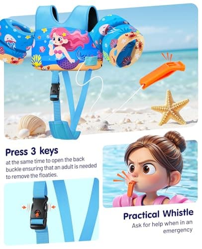 HeySplash Toddler Swim Vest, Toddler Floaties Fit 13.2-33 Lbs, Puddle Kids Jumper with Adjustable Strap Pool Float Jacket Arm Floaties Baby Floatie Water Wing Pool Sea Swimming Aid, Blue Sea Mermaid - Thumbnail 6