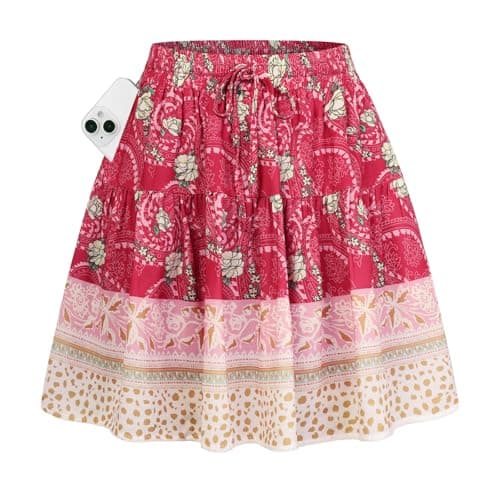 Kate Kasin Women's Boho Mini Skort with Pockets, Red Floral Skirts with Shorts, Summer Beach Vacation Concert Outfits 2026 - Image 1