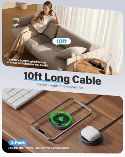 2Pack Magnetic Wireless Charger 25W Fast Charger for iPhone 17/16/15/14/13/12 Series & AirPods, Portable Wireless Charging Pad for Travel Home Office Desk, 10FT-Black with Plugs - Thumbnail 2