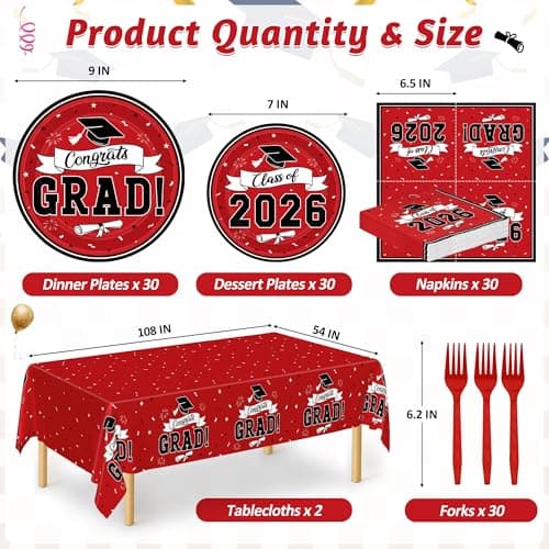 QZYL 122 Pcs Graduation Decorations 2026 Set, Disposable Class of 2026 Graduation Dinnerware, Red Grad Plates and Napkins Forks Tablecloth Congrats Grad Paper Dinnerware Serve 30 Party Decorations - Thumbnail 2