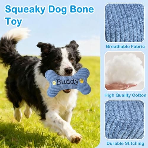 2026 Squeaky Dog Toys, Embroidered Bone Shape Blue Corduroy Pet Pillow 8"x5" with Black "Buddy" Text Cute Soft Cotton Filled Dog Chew Puzzle Toy Birthday Holiday Fun Gifts for Small Medium Large Dogs - Thumbnail 3