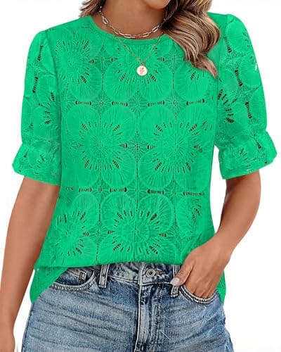 KIRUNDO Lace Tops for Women Blouses Dressy Casual Boho Eyelet Puff Short Sleeve Shirts Spring Summer Clothes Vacation Outfits(Green, Small) - Image 1
