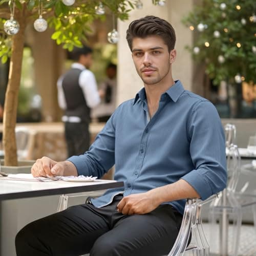 Men’s Casual Untucked Button Down Shirt Long Sleeve Stylish Business Casual Dress Shirts for Men - Thumbnail 4