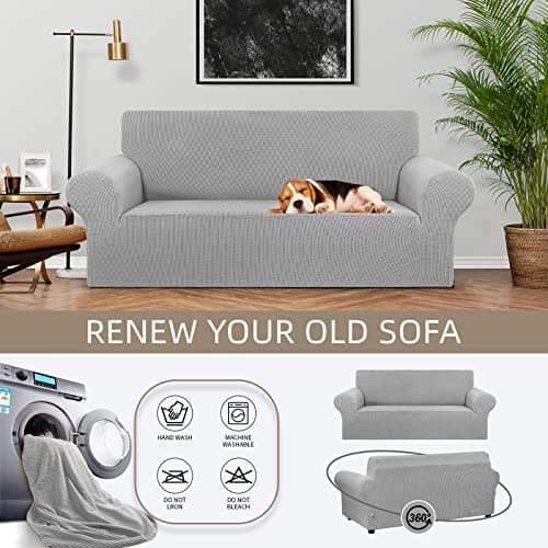 KEKUOU Stretch Loveseat Sofa Cover Slipcover,Couch Covers for 2 Cushion Couch Sofa (55"-78") Furniture Protector Sofa with Elastic Bottom for Kids,Dog. Jacquard Small Checked (Medium,Silver) - Thumbnail 3