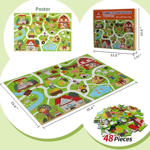 Beeqoo Farm Animals Jumbo Floor Puzzle for Toddles 2-4, Giant Adventure Track Jigsaw Puzzles for Kids Ages 3-5 (48 Piece 35.4x23.4 Inch Thick Cardboard), Educational Toys for Preschooler 4-6 Year Old - Thumbnail 3