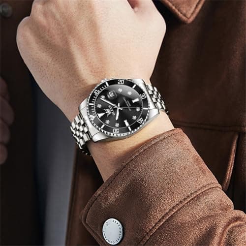 OLEVS Watch Men,Men's Silver Watch Black Face,Silver Watches for Men,Mens Luxury Wristwatch Stainless Steel,Minimalist Big Face Black Wristwatch,Men's Dress Watches,Relojes para Hombres - Thumbnail 3