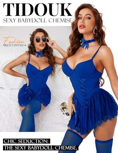 Tidouk Women's Sexy Lingerie Set,4-Piece Lace Babydoll Underwire Lingerie Set with Bow tie & Panty & Garter Stockings Blue - Thumbnail 2