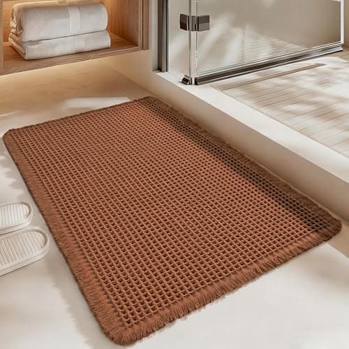 Siyaluens Luxury Waffle Bath Mat, Super Absorbent Non Slip Bathroom Rugs, Boho Ultra Soft Comfort Machine Washable Quick Dry Floor Mats with Tassels (Coffee, 20" x 30")