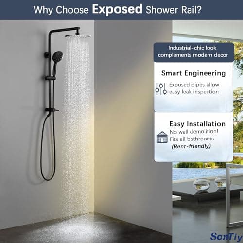 SonTiy Rain Shower System with 9Inch Rainfall Showerhead and Handheld with Height Adjustable Holder, High Pressure Stainless Steel Shower Rail Kit, 72Inch Long Shower Hose, 2.5Gpm, Black - Thumbnail 2