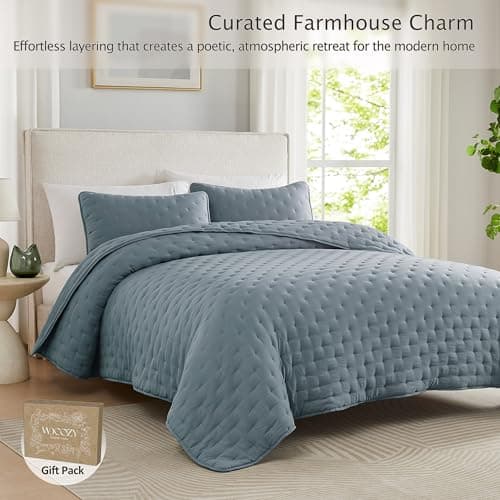 WDCOZY Dusty Blue Cloud King Size Quilt Set, Tan Lightweight Farmhouse Bedspread, Rustic Country Coverlet, Taupe Camel Soft Bedding, Thin Comforter for All Season - 3 Pieces, 104x90 inches - Thumbnail 6