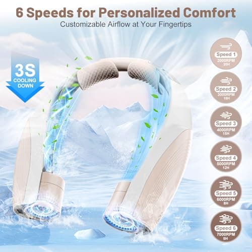 Portable Neck Fan with 6 Powerful Speeds,8000mAh Battery Operated USB-C Rechargeable Fan, 20H Runtime, Hands-Free 360° Cooling Wearable Neck Fan, Personal Fan for Women Men Travel Concerts (Champagne) - Thumbnail 4