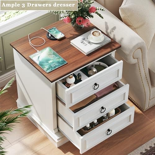 HUAHUU Farmhouse Nightstand Set of 2, Side Table with Wireless Charging Station, Wood Rustic End Table with Roman Column & Metal Handle for Bedroom, White - Thumbnail 4