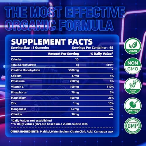 zipvit Creatine Monohydrate Gummies (5g) – Pre-Workout Energy & Muscle Growth Support for Men & Women | Blueberry Electrolyte Gummies (135 Count) - Thumbnail 3