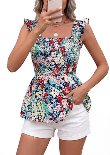 NALANISA Women's Summer Boho Cute Tank Tops 2026 Casual Square Neck Smocked Ruffle Sleeveless Babydoll Shirts Floral Blouses (Navy Flower,XXL) - Thumbnail 5