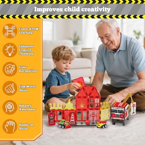 Magnetic Tiles for Kids, 56PCS Construction Magnet Tiles with Fire Truck Station, Building, Road, Crane, Car Truck - STEM Magnetic Blocks for Kids Ages 4-8, Toys for 4 5 Year Old Boys Birthday Gifts - Thumbnail 5