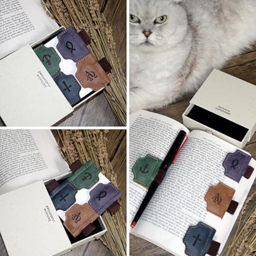 Buyborgood 4 Pcs Personalized Magnetic Leather Bookmark Pen Holder Book Lovers Christian Gifts Bygone Mark for Reading, Purple-Jesus Fish + Brown-AΩ + Blue-Cross + Green-Anchor - Thumbnail 5