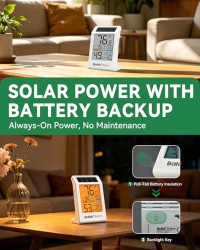 BALDR 2-Pack Indoor Thermometer Humidity Meter, Digital Hygrometer with Backlight, Solar Powered Room Temperature Monitor with Backup Battery, Max Min Records & Comfort Indicator - Thumbnail 3