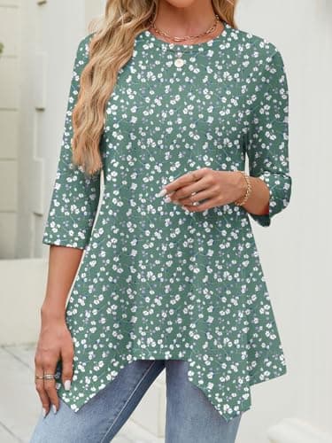 JUSTFASHIONNOW Womens Blouses Dressy Casual 3/4 Sleeve Tops for Women Trendy Spring Floral Printed Shirts for Women Fashion Clothes Outfits（Floral Blue，Small - Thumbnail 5