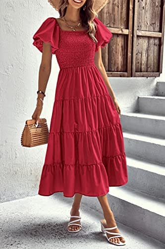 PRETTYGARDEN Women's Casual Summer Midi Dress Puffy Short Sleeve Square Neck Smocked Tiered Ruffle Dresses (Red,Large) - Thumbnail 5