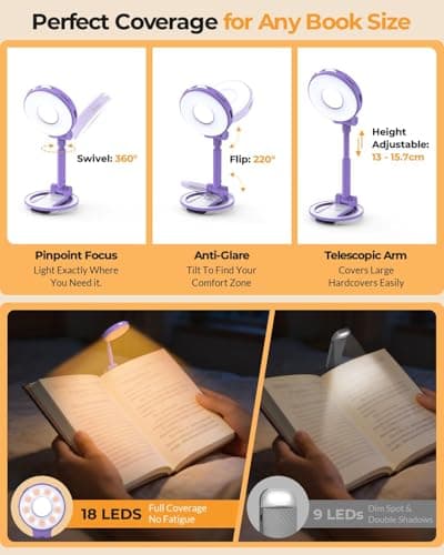 EastPin 18 LED Rechargeable Reading Light: Aesthetic Lavender Book Light for Relaxing Reading | Rotary Stepless Dimmer Memory & Timer - Reading Essentials Thoughtful Gifts for Women & Girls (Purple) - Thumbnail 4