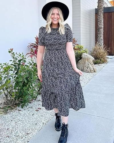 BTFBM Women Casual Summer Dresses 2025 Spring Crew Neck Ruffle Short Sleeve Floral Print Smocked Boho Flowy Maxi Dress(Floral Black White, Small) - Thumbnail 6