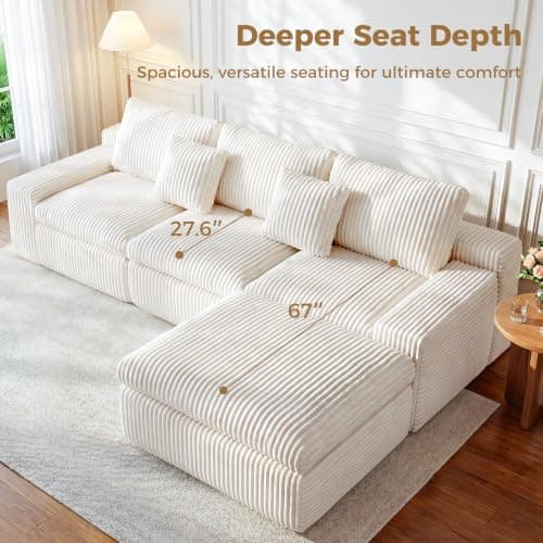 HipyMo 105" L-Shaped Boneless Cloud Couch, Modular Sectional Sofa with Ottoman and Extra-Wide Armrests, Deep Seat Sectional Couches for Living Room, High-Density Foam, No Assembly Required, Beige - Thumbnail 5