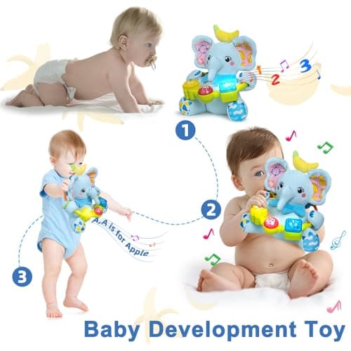 Baby Elephant Musical Stuffed Animals Toy with Light-Up Music & Crinkle,Infant Bilingual Early Learning Education Toys,1st Easter Basket Shower Stuffers for 0-3-6-12+ Months Boy Girl Gifts,Blue - Thumbnail 2