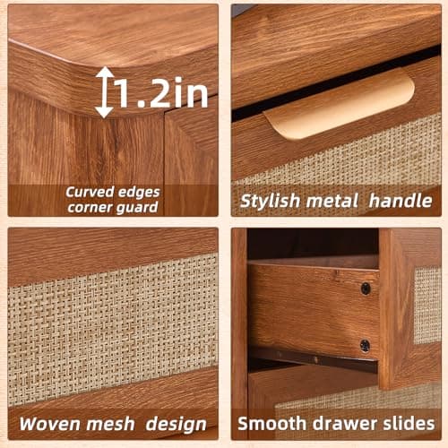 LEYAOYAO Rattan Night Stand with Charger Station, 23" Large 3 Drawer Boho Nightstand, Tea Brown Bedside Table Storage Cabinet, Bed Side End Tables for Bedroom, Living Room, Hallway - Thumbnail 6