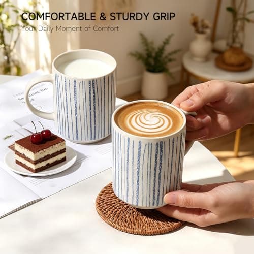ALOFMO Ceramic Mugs Set of 6, Modern 17oz Coffee Mugs, Stackable Coffee Cups with Handpainted Blue Stripe Pattern, Dishwasher and Microwave Safe Mugs for Home & Office - Thumbnail 4