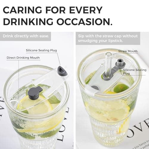 Colnic 4PCS 20oz Glass Cups with Lids and Straws, Iced Coffee Cups with Lids, Stylish Ribbed Thick Drinking Glasses Tumbler for Juice, Smoothies, Cold Beverages, Cute Cup Gifts with Clean Brush - Thumbnail 4