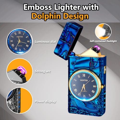 RSBYE Watch Lighter Dual Arc Plasma Electric Lighters USB Rechargeable Lighters with LED Battery Display Cool Lighter with Clock & Flashlight,Unique Gift for Men and Women (Boat Blue) - Thumbnail 2