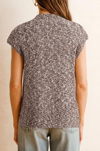 Arach&Cloz 2025 Women's Fashion Summer Fall Cotton Blend Cap Sleeve Sweater Vest Knit Side Slit Mock Neck Sleeveless Formal Tops Cute Casual Trendy Clothes Teacher Outfits Clothing White Brown S - Thumbnail 6