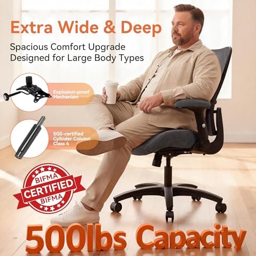 WITTLONG Big and Tall Office Chair 500lbs Heavy Duty Ergonomic Mesh Desk Chair with 23.6" Extra Wide Seat, 29.5" High Back, Adjustable Lumbar Support & Flip-Up Arms for Large Body Types (Dark Gray) - Thumbnail 4