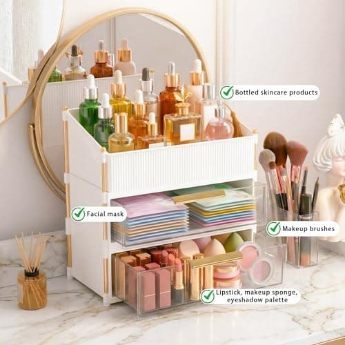 Asdbko Large Capacity Makeup Organizer Countertop with Brush Holder, Vanity Skincare Perfume Storage Box for Bathroom, Mother's Day Birthday Anniversary Teen Girl Gifts for Women Mom - Thumbnail 6